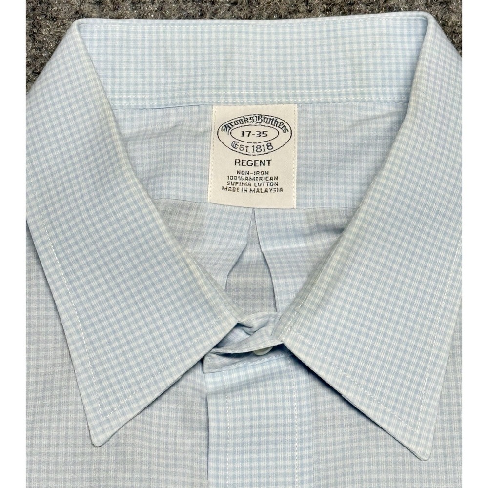 Brooks Brothers Shirt Mens 17 35 Blue Check Non Iron Supima Cotton Regent Fit